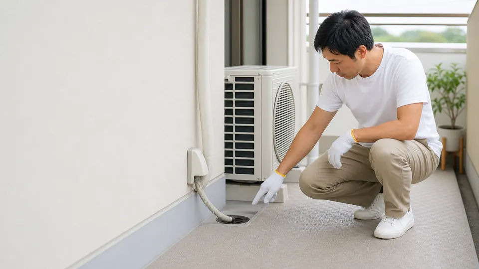 日本の住宅のベランダで壁から延びるエアコンのドレンホースを安全に確認する様子