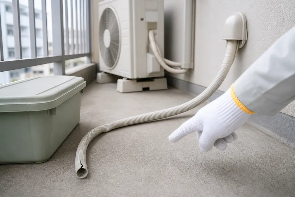 ベランダ用品で曲がり出口にひびが入ったエアコンのドレンホースを指差して確認する様子