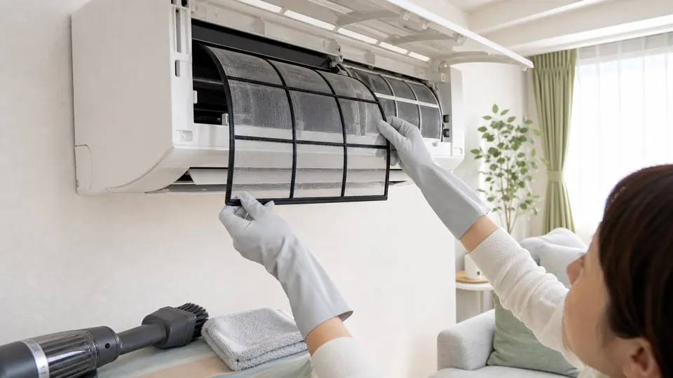 家庭用エアコンの前面パネルを開けてフィルターを外している様子