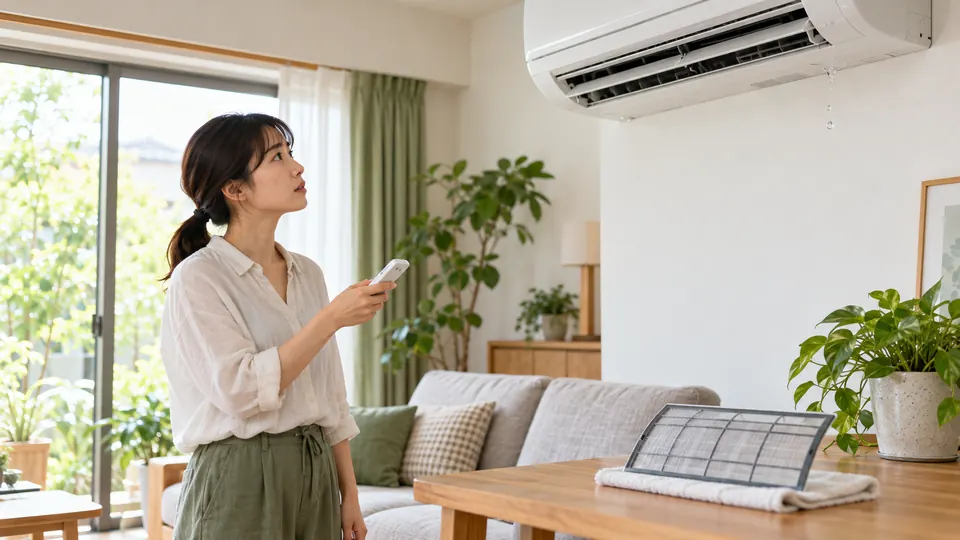 水滴のあるエアコンとリモコン、外したフィルターを確認する家庭の様子