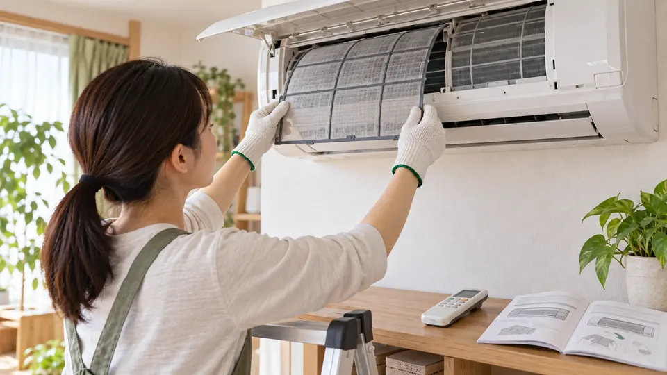 電源を切ったエアコンからフィルターを外して確認する様子