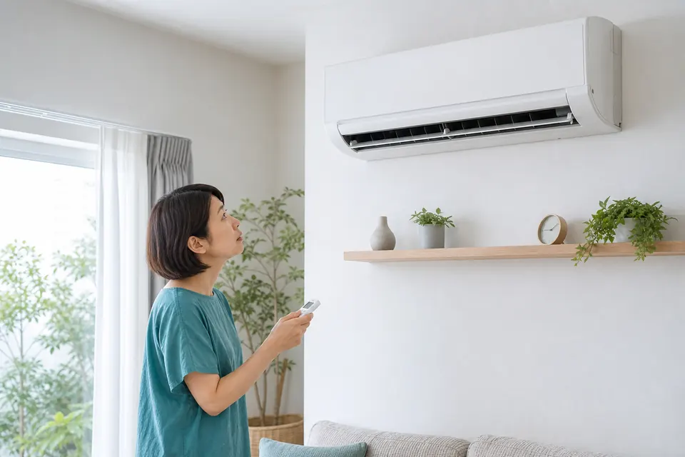明るい部屋でエアコンの吹出口を見ながら臭いを確認する様子