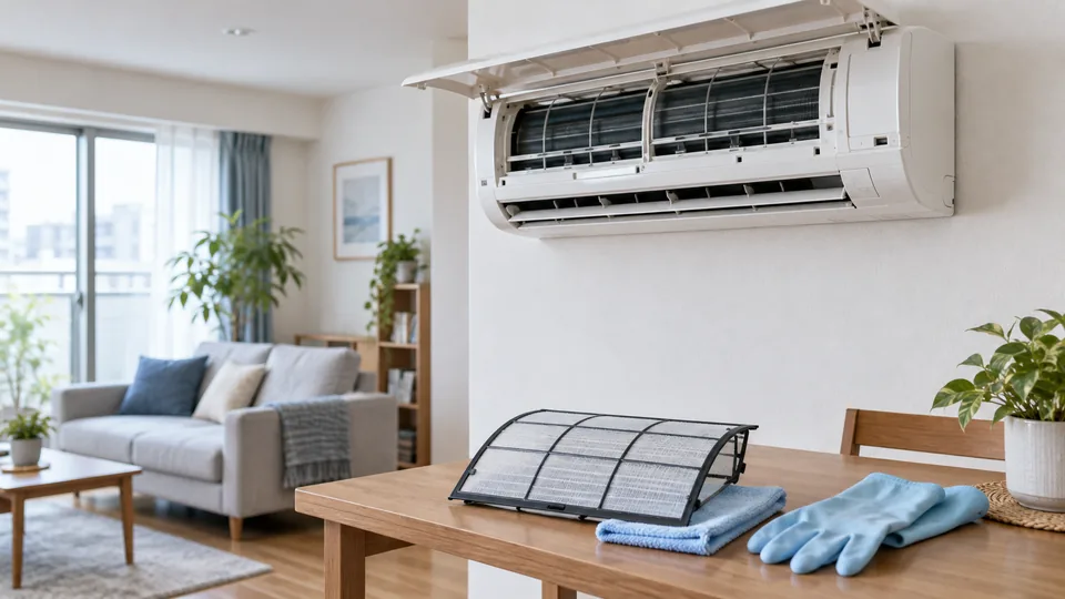 電源を切ったエアコンと外したフィルター、手入れ用の布と手袋を確認する様子