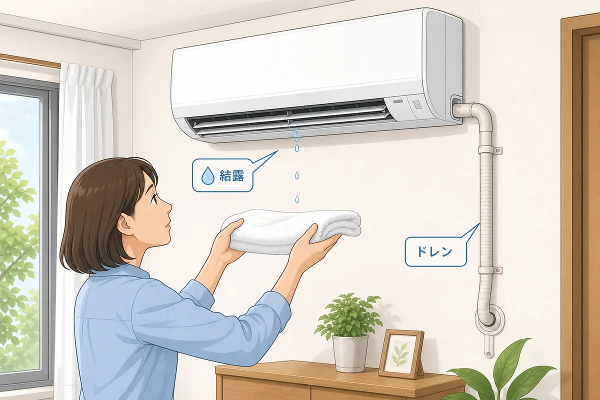 水漏れしている家庭用エアコンとドレンホースを確認する様子のイラスト