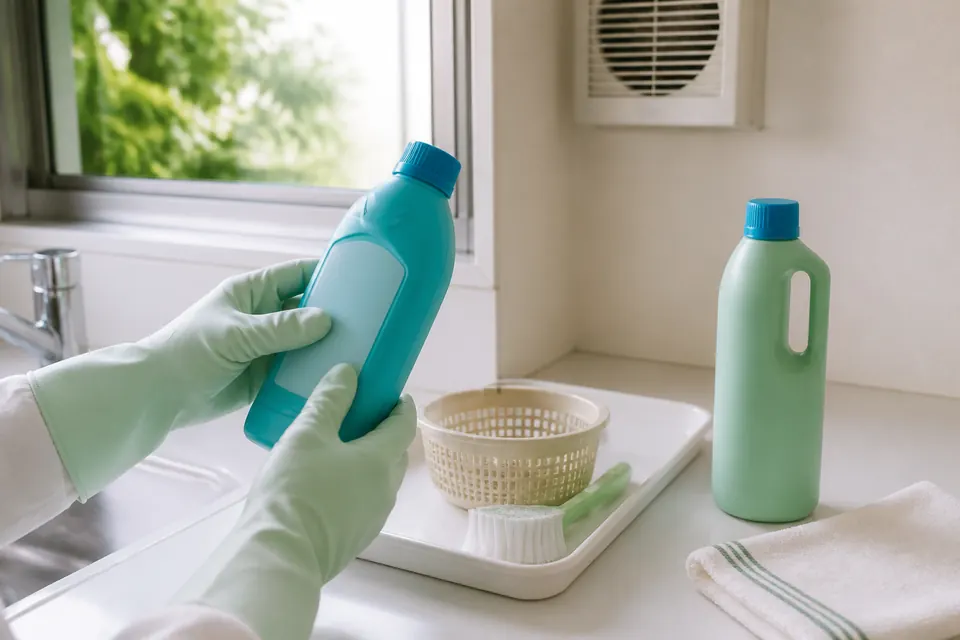手袋を着けた手で洗剤の裏面表示を確認し、別の洗剤を離して置いている様子