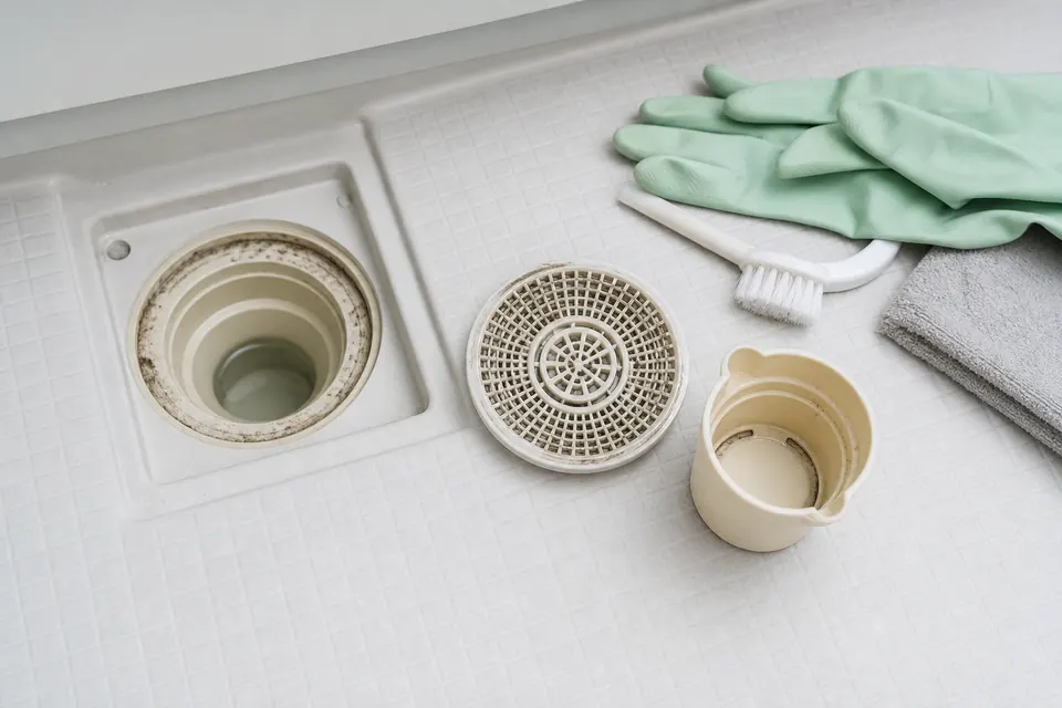 浴室の排水トラップ部品を外した順番に並べて封水を確認する様子
