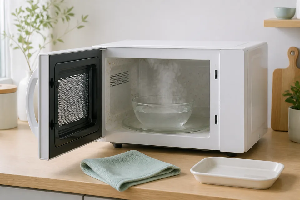 水蒸気で庫内の汚れをゆるめた電子レンジを柔らかい布で掃除するための準備