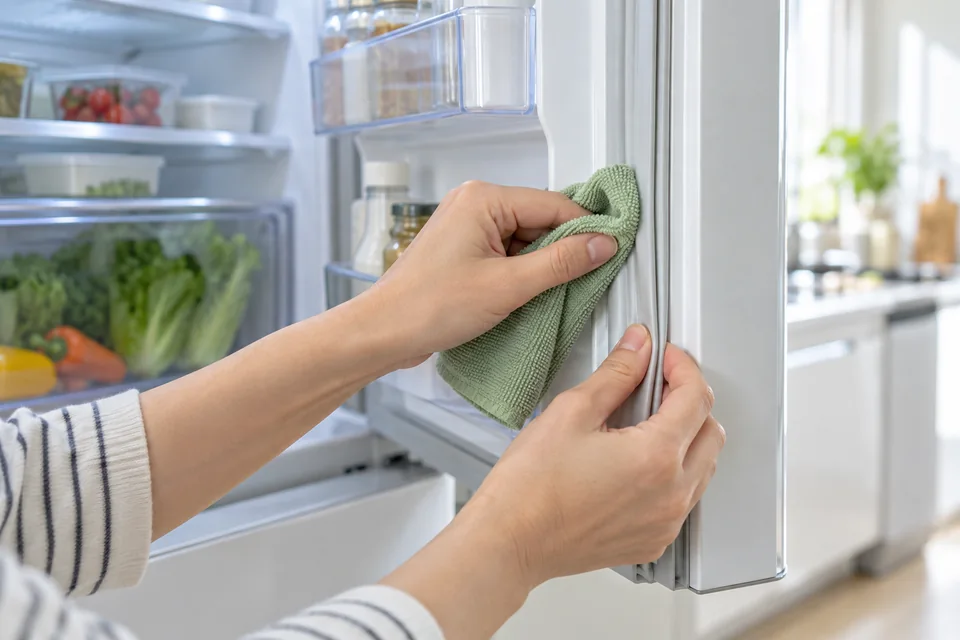柔らかい布で冷蔵庫ドアパッキンの溝をやさしく拭く手元