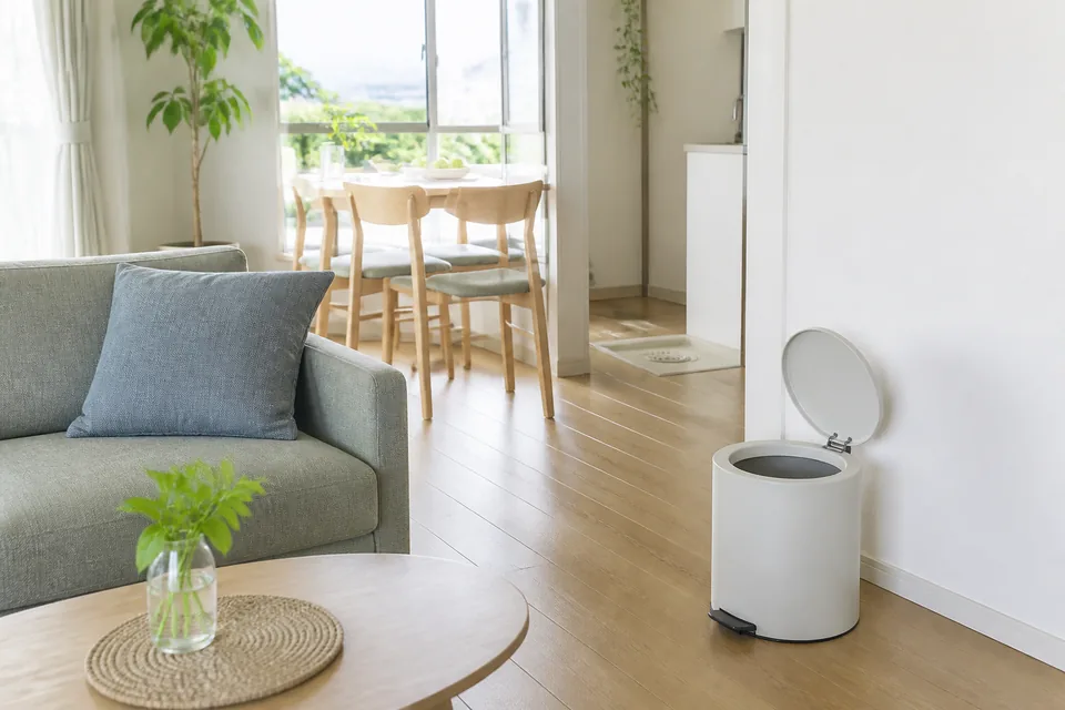 窓を開けた明るい日本の部屋でソファとごみ箱、床の排水口を確認できる様子