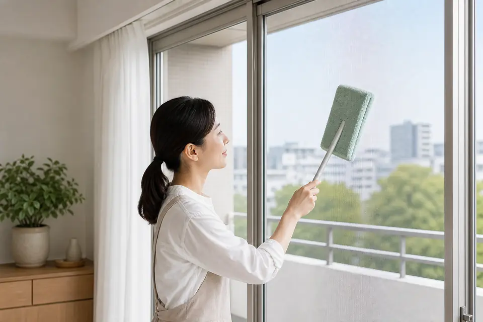 明るい部屋で取り付けたままの網戸を柔らかいモップで掃除する様子