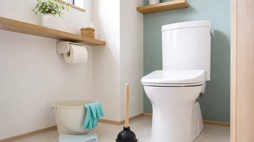 清潔なトイレ室内にラバーカップ、バケツ、手袋を準備した様子