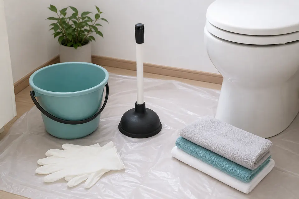 トイレつまり作業前にラバーカップ、バケツ、手袋、タオルを準備した様子