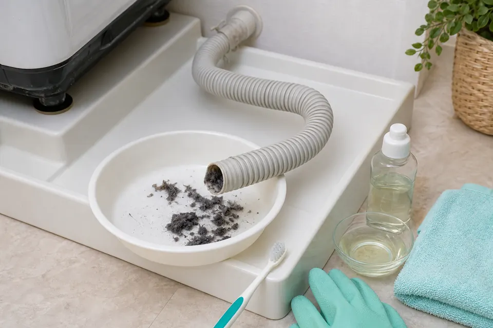 洗濯機の排水ホースを浅い容器に置き、先端の汚れを柔らかいブラシで掃除する様子