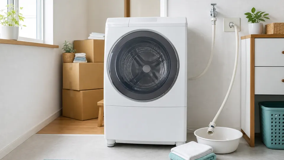 引っ越し前に洗濯機の給水ホースを外して水抜きする準備を整えたランドリースペース