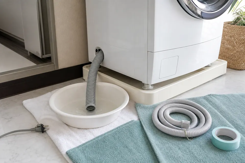 洗濯機の排水ホースに残った少量の水を浅い受け皿へ出している様子