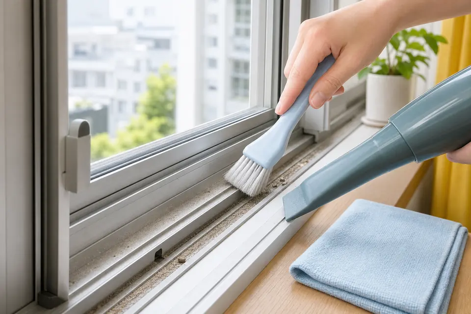 アルミサッシレールの砂ぼこりを柔らかいブラシと細い掃除機ノズルで取る様子